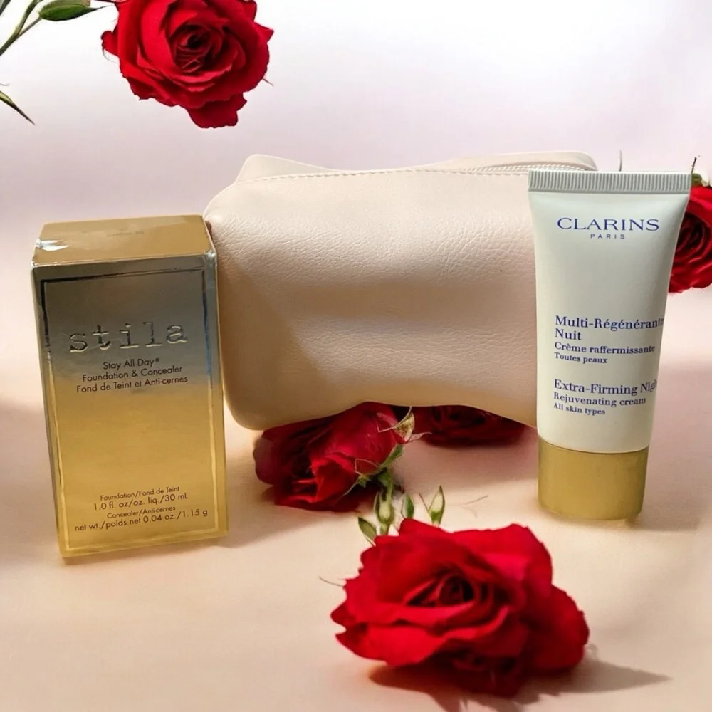 Stila Foundation & Clarins Night Cream Set With Cosmetics Case NWT